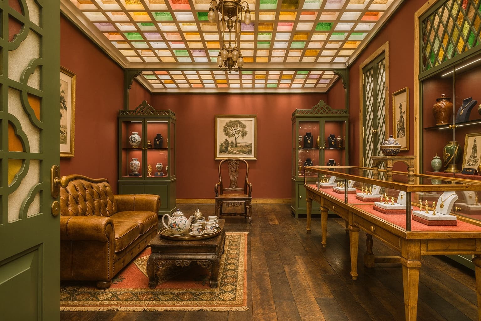 MVCL atelier showroom interior — jeweler's salon with antique teak, vermilion panels, and glass vitrines