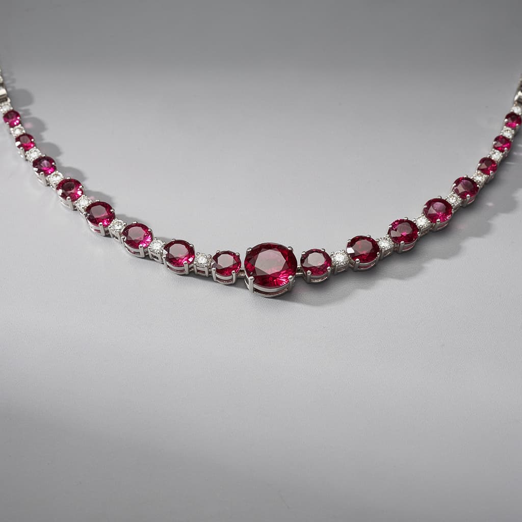 Graduated pigeon-blood ruby and diamond necklace, 31 stones in platinum