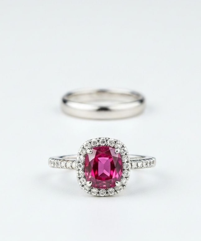 Platinum diamond ring on white silk
